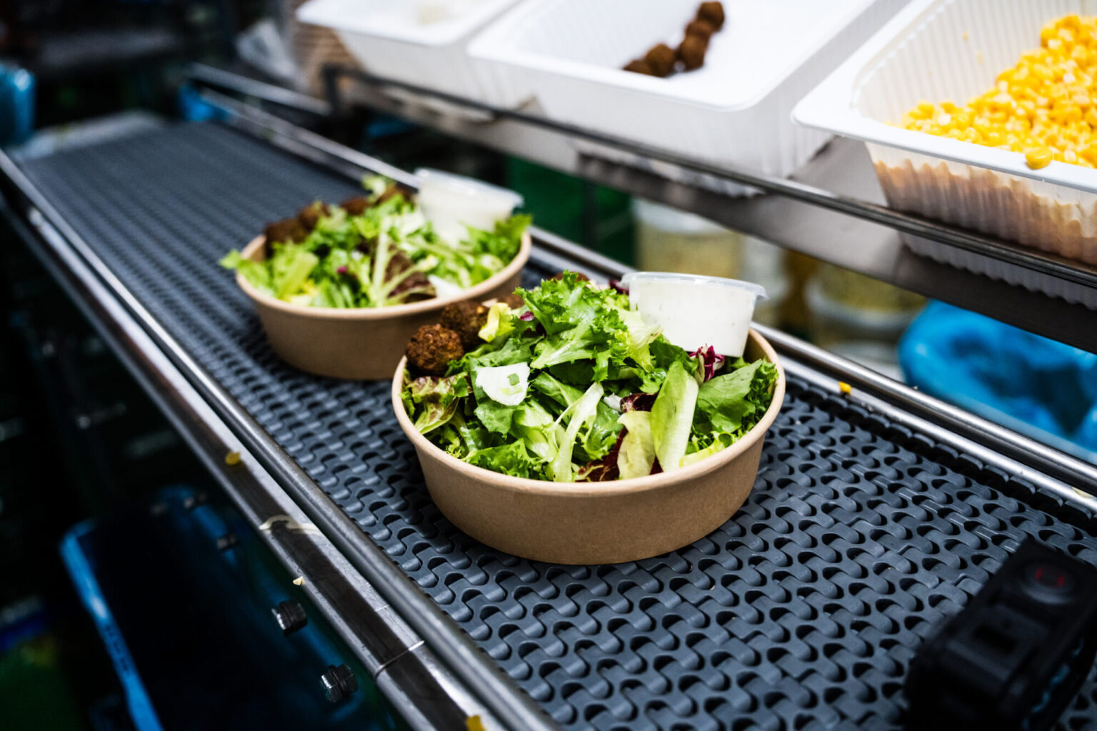 Fertige Salatbowls auf dem Transportband in der Konfektionierung